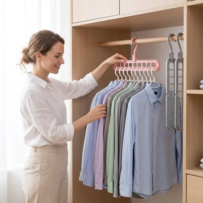femme organise cintre plastique organisateur rose chemises