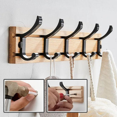 porte manteau mural base bois cinq crochets noirs deux details