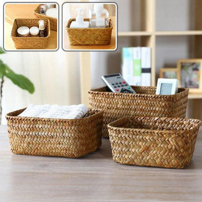 trois paniers de rangement nature deux details P M G